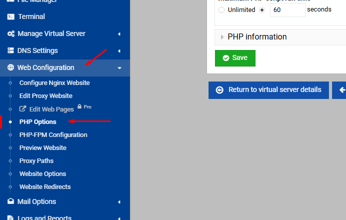 Configurazione PHP Virtualmin