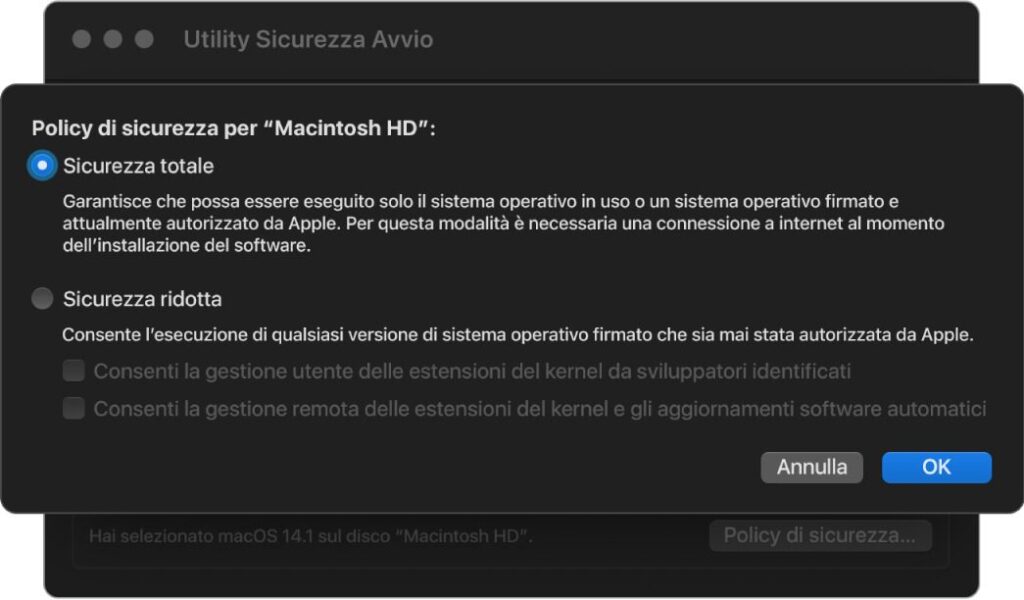 Modificare le impostazioni di sicurezza del disco di avvio del Mac