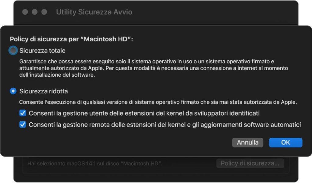 Modificare le impostazioni di sicurezza del disco di avvio del Mac