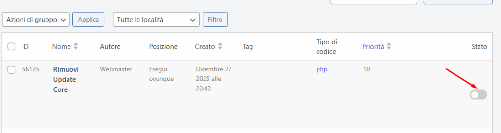 Disabilitare notifica aggiornamento WordPress